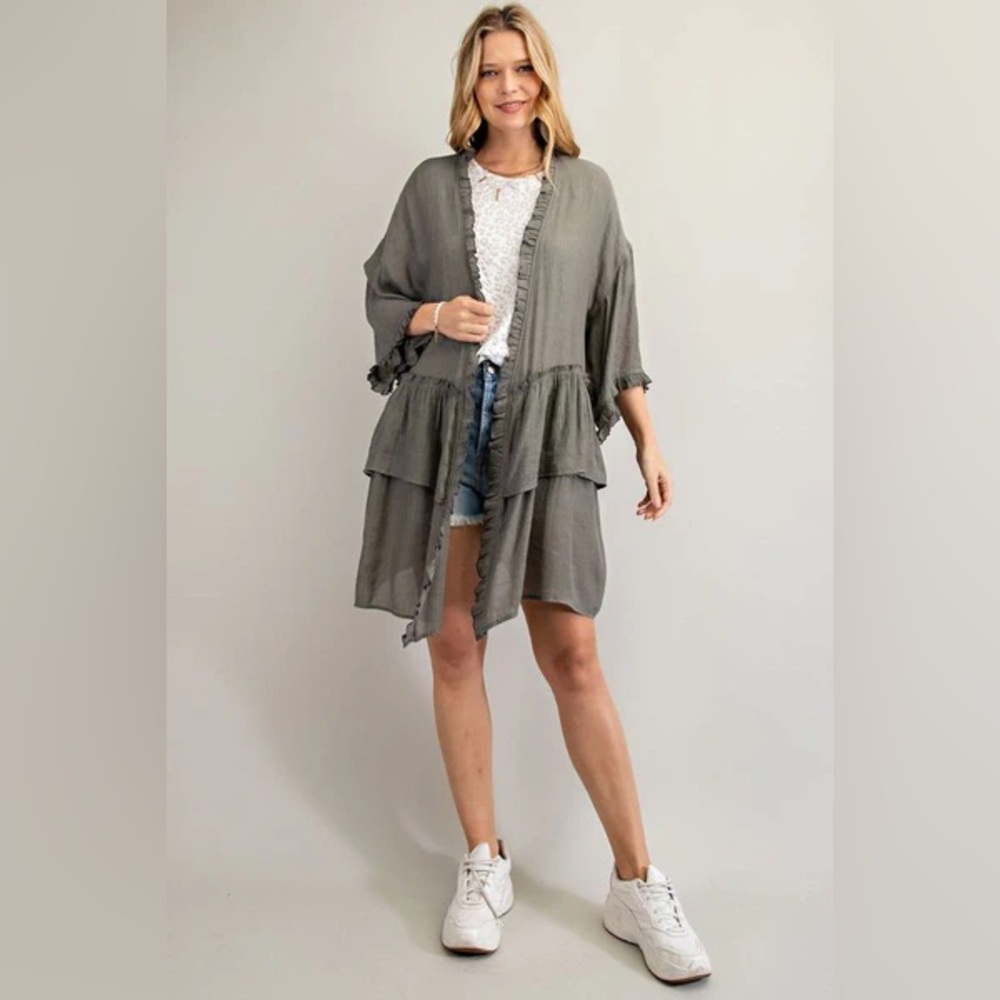 EASEL Gray Taupe Ruffle Kimono Cardigan NWT